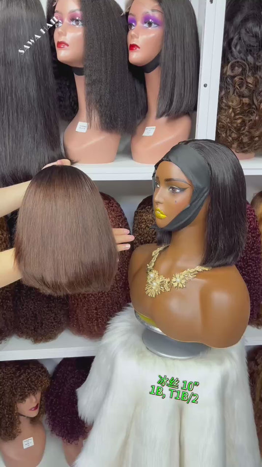 Super Double Drawn Headbands Wig Straight Human Hair Bob Wigs Natural Color