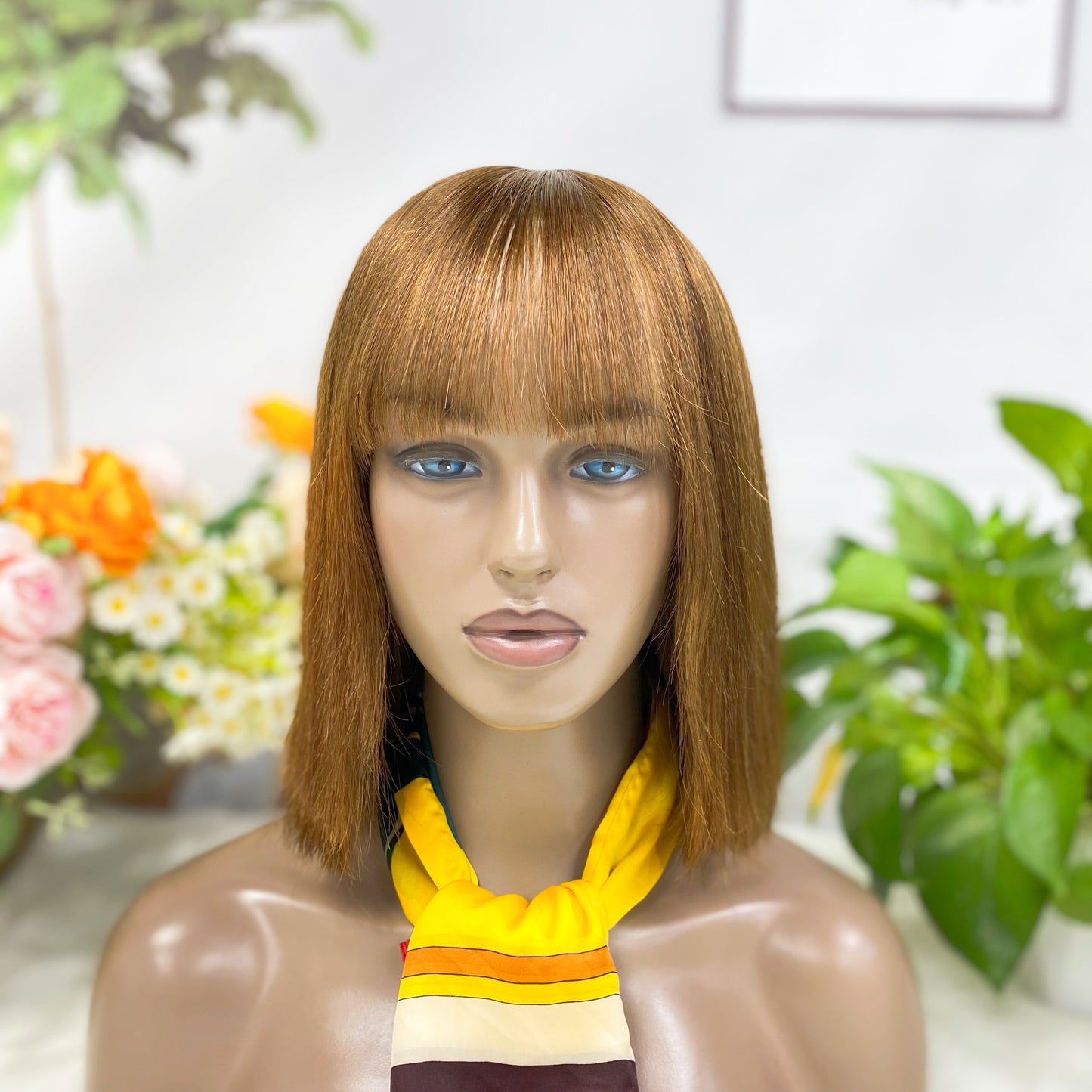 Silk base Bob Wig With Bangs Natural Human Hair Wigs 12"