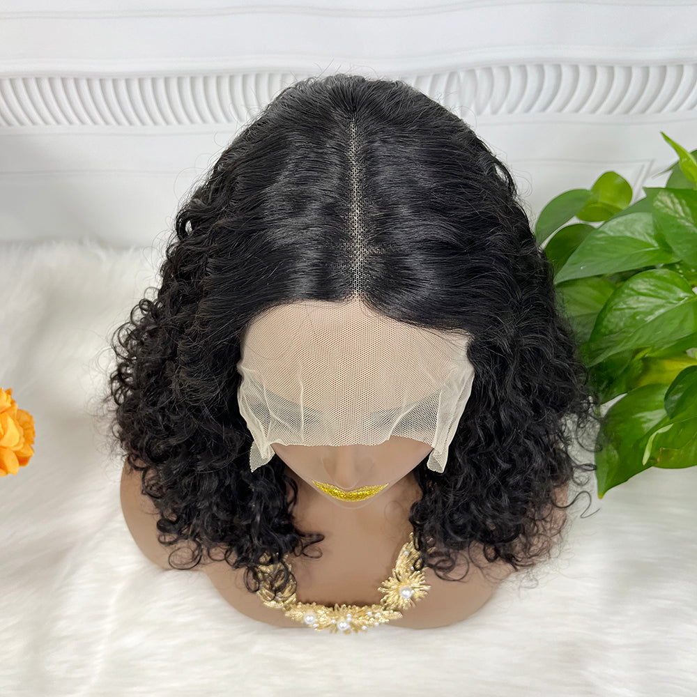 Double Drawn T Lace Wig Water Wave Natural Black Color 14 inch