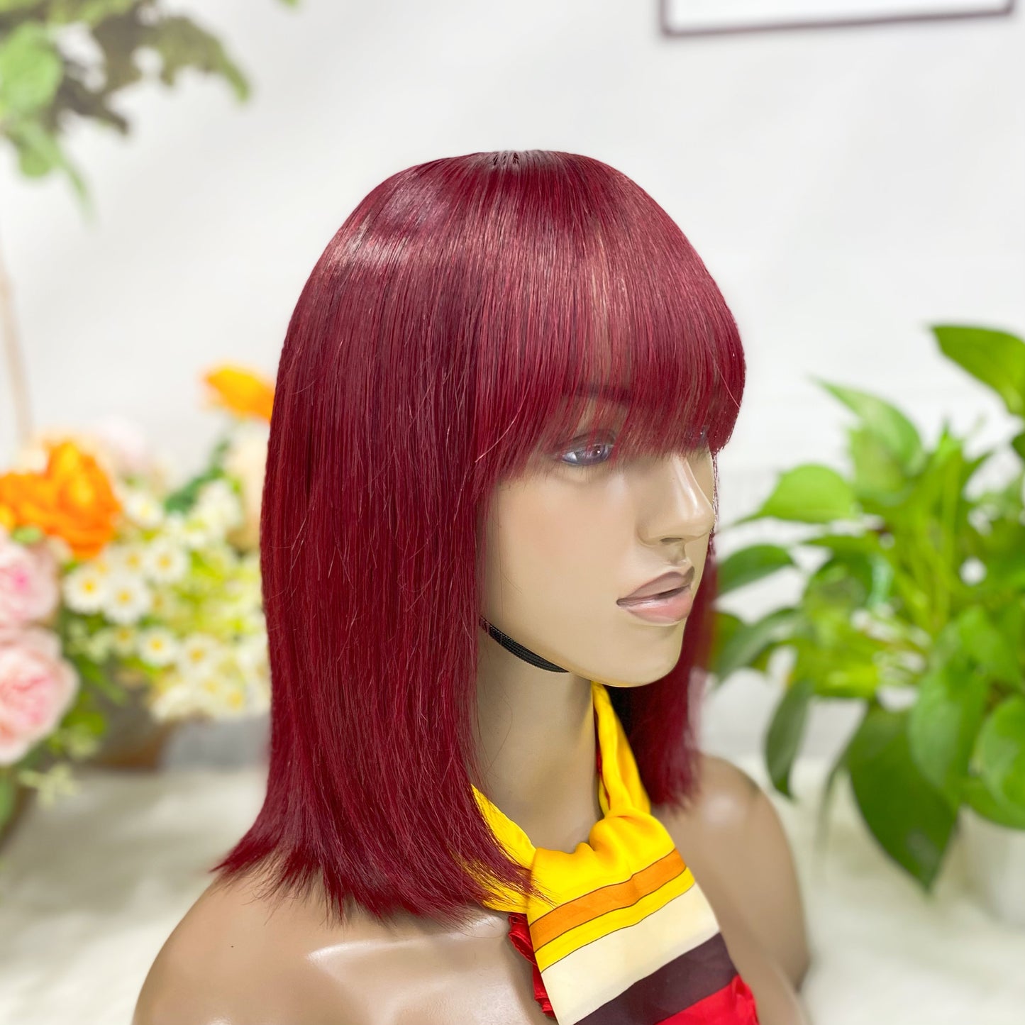 Silk base Bob Wig With Bangs Natural Human Hair Wigs 12"