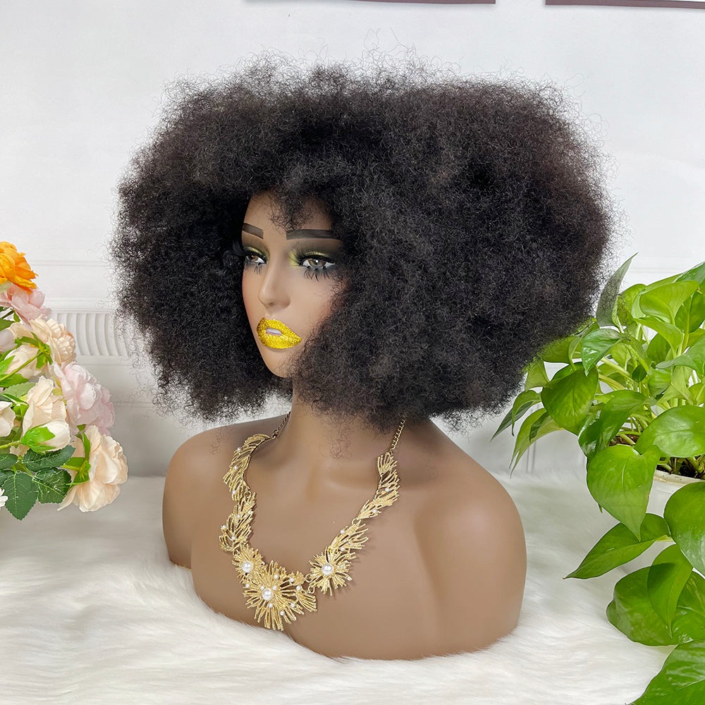 Afro Kinky Curl Brésilien Vierge Cheveux Humains Afvo Perruque Avec Frange Machine Perruque 14" Couleur Naturelle