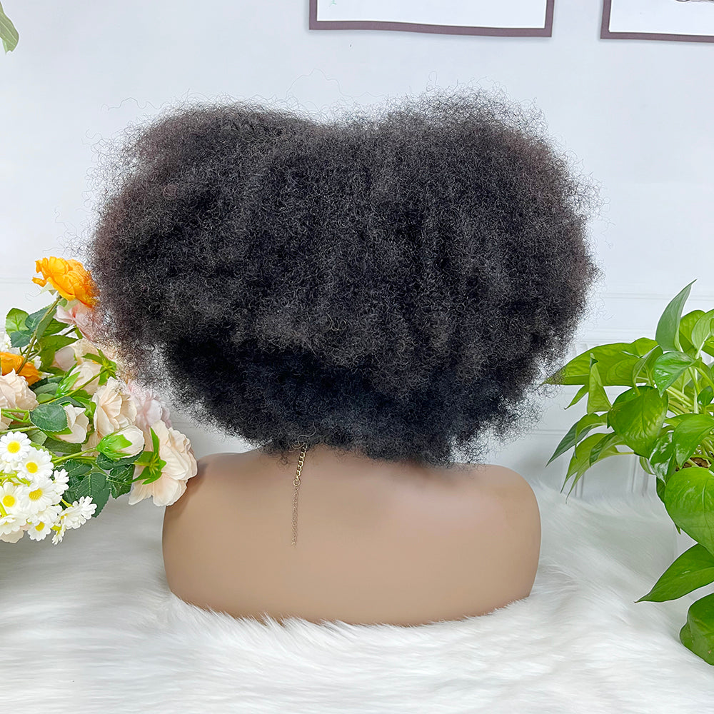 Afro Kinky Curl Brazilian Virgin Human Hair Afvo Wig With Bangs Machine Wig 14" Natural Color