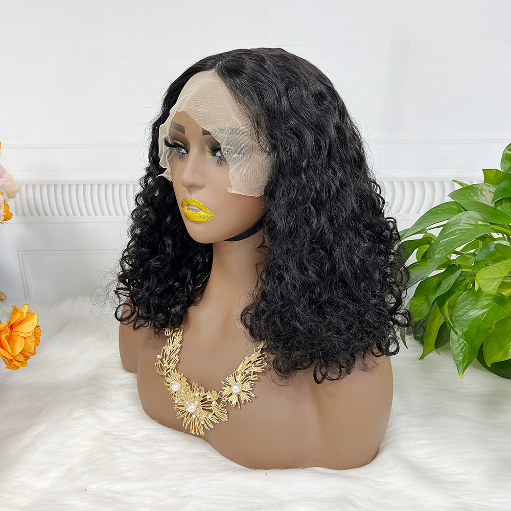 Double Drawn T Lace Wig Water Wave Natural Black Color 14 inch