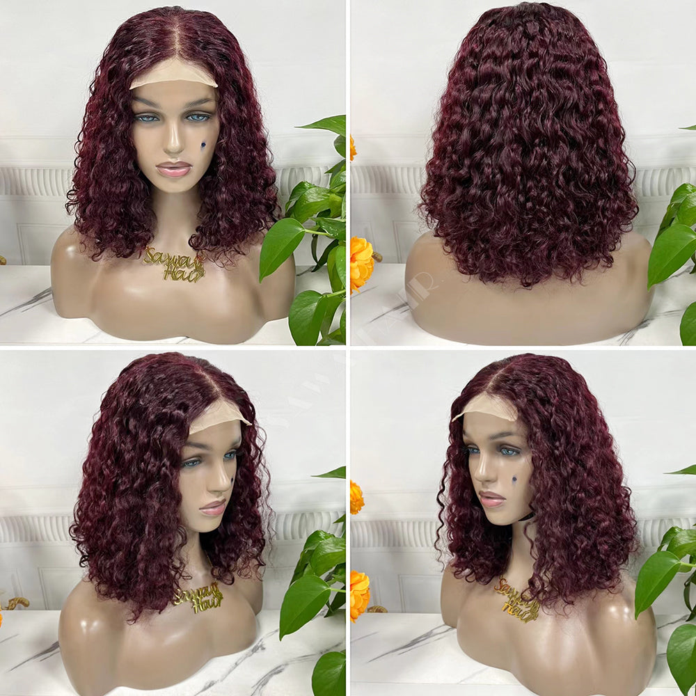 4*4 Lace Wig Water Wave Natural Human Hair Lace Wigs Black Color 14 inch 250% Density