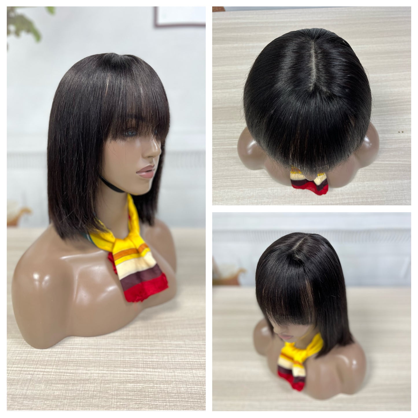 Silk base Bob Wig With Bangs Natural Human Hair Wigs 12"