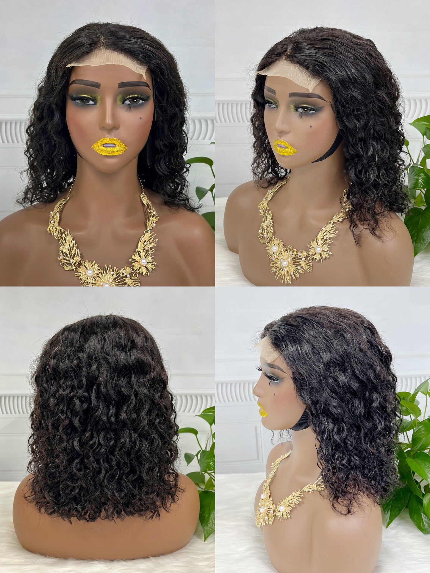 4*4 Bob Lace Wig Water Wave Color NC Natural Human Hair Lace Wigs 10 inch 250%Density