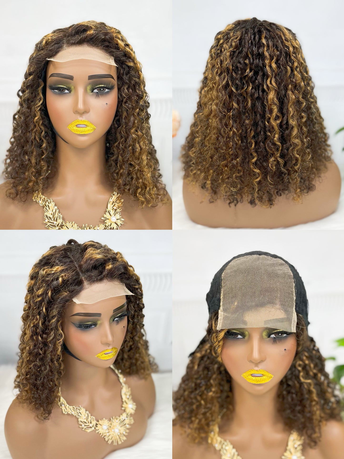 Double Drawn 4*4 BOB Lace Wig Pissy Curl  Natural Virgin Human Hair Lace Wigs Color P4/27